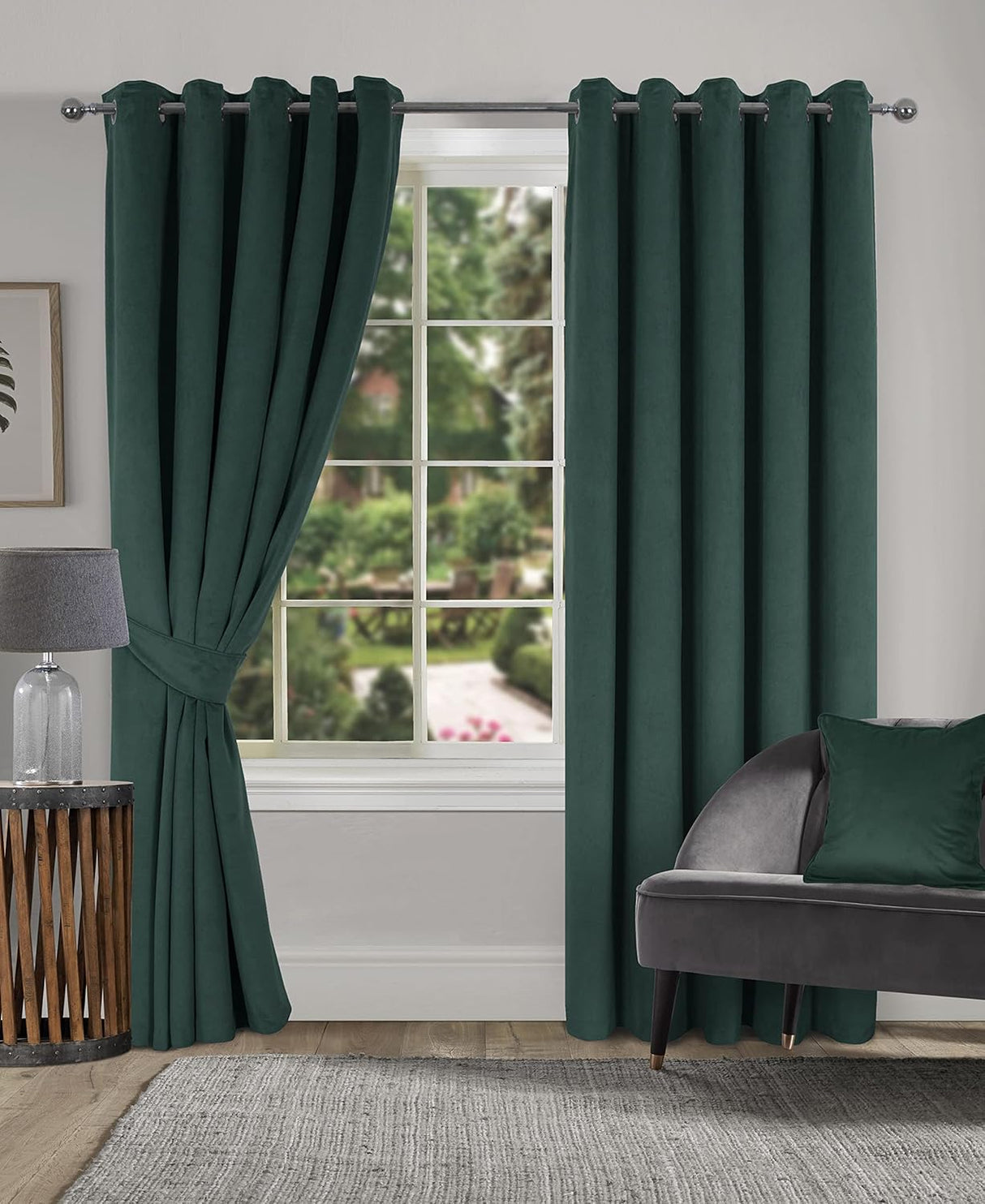 Naneh Thermal Velour Ring Top Lined Eyelet Curtains 65x72" Green