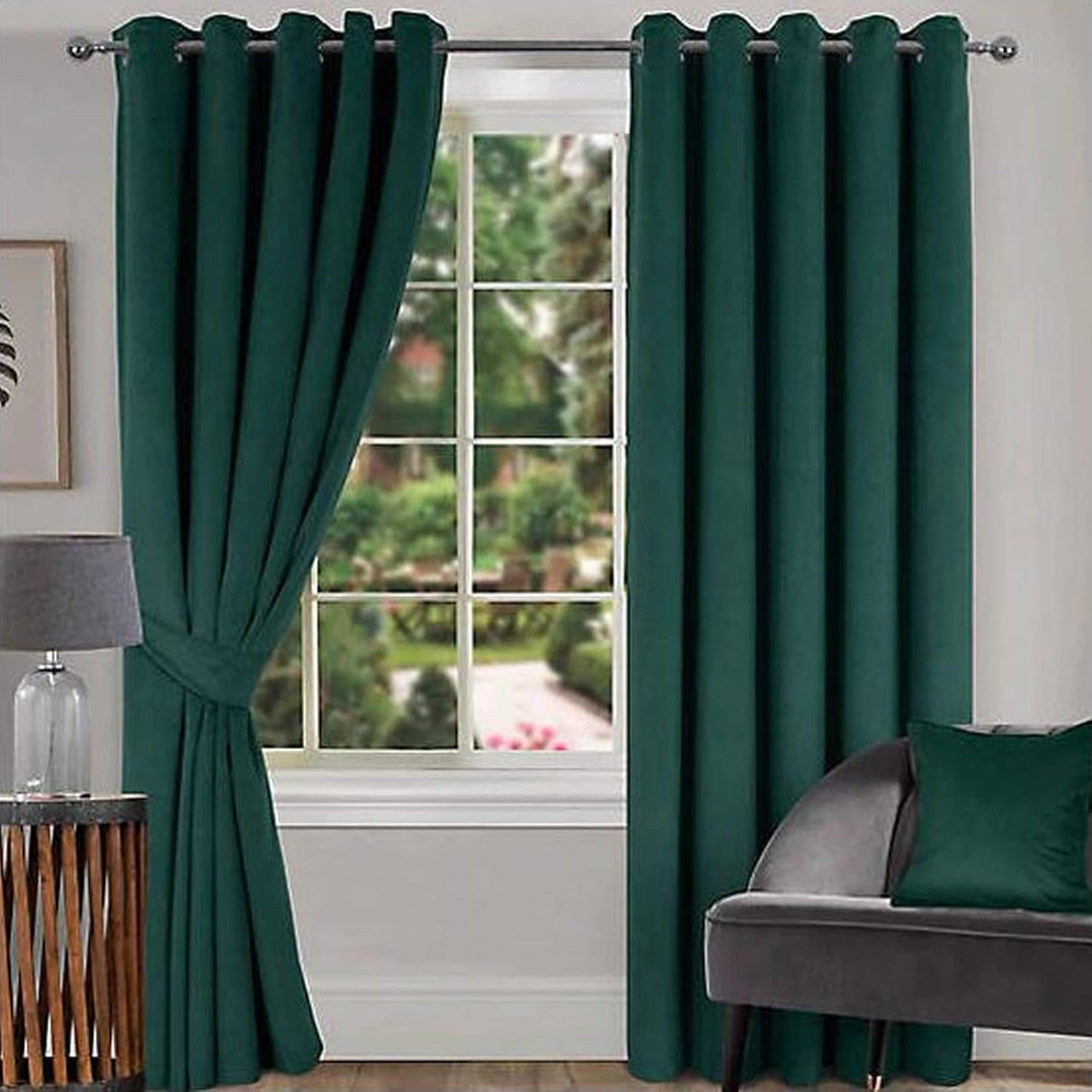 Nanek Thermal Velour Ring Top Lined Eyelet Curtains 90x90" Green