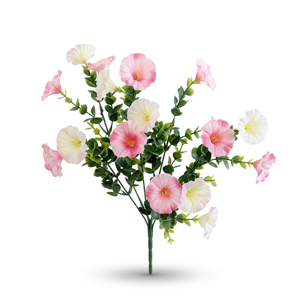 Light pink artificial petunia flower bush with green foliage