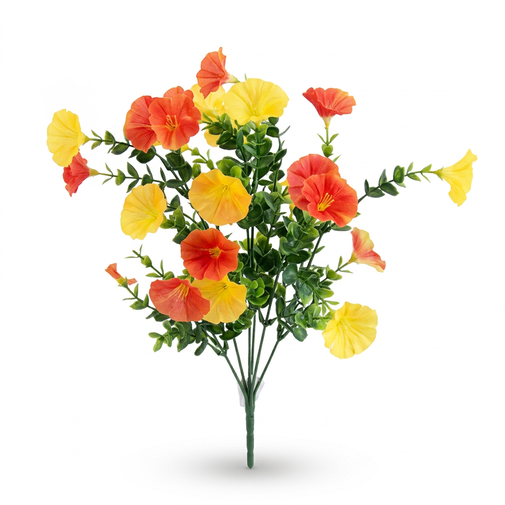 Orange red and yellow artificial petunia flower bush with green foliage