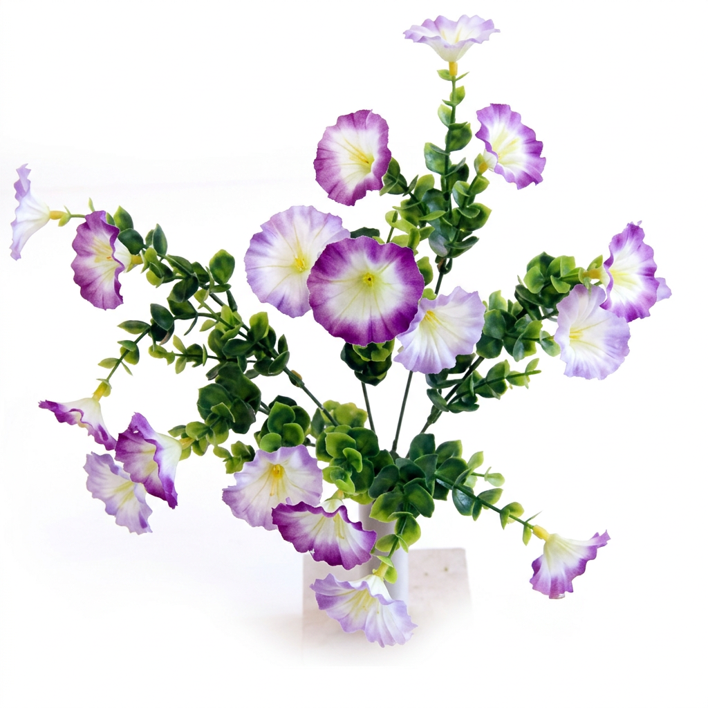 Purple lilac artificial petunia flower bush with green foliage