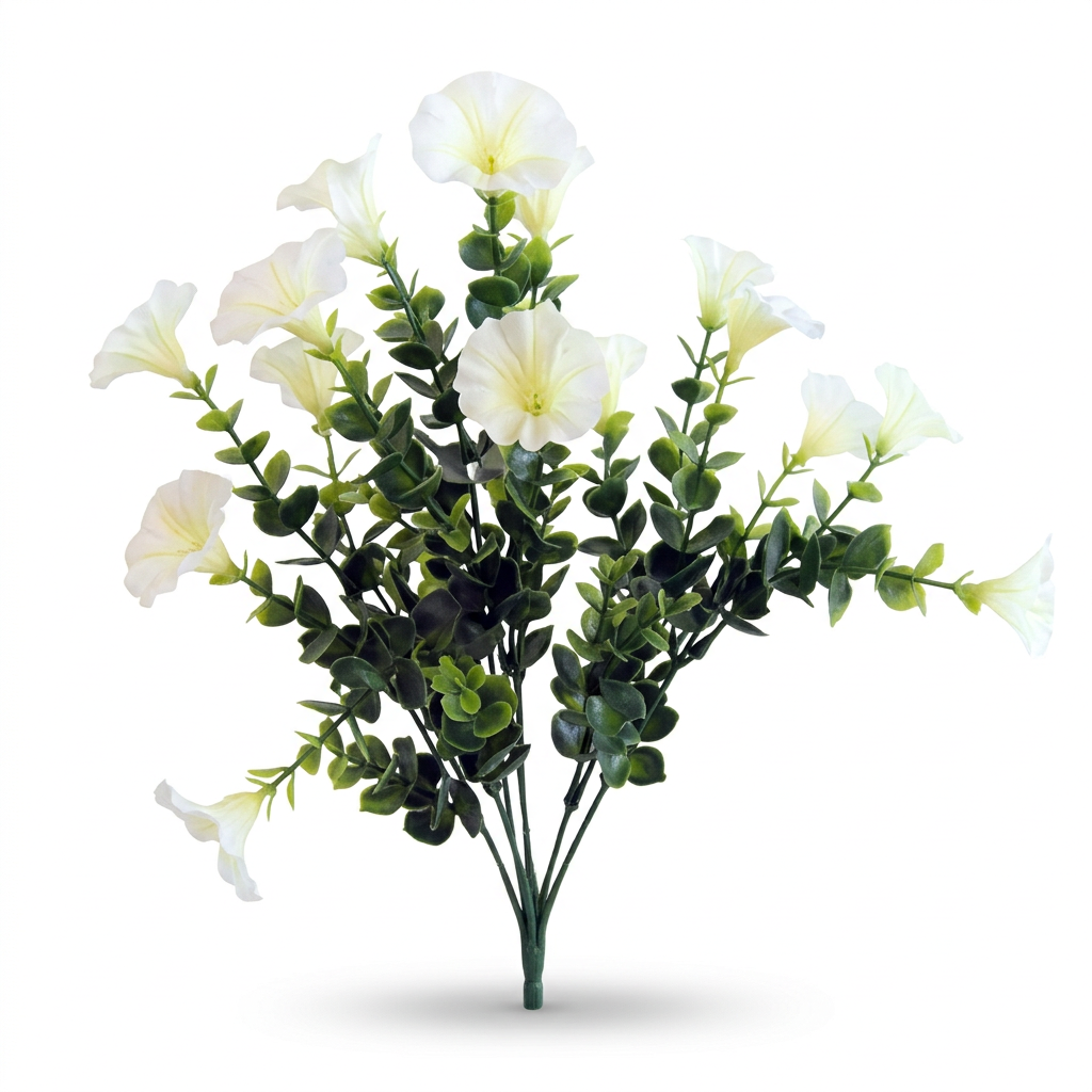 White cream artificial petunia flower bush with green foliage