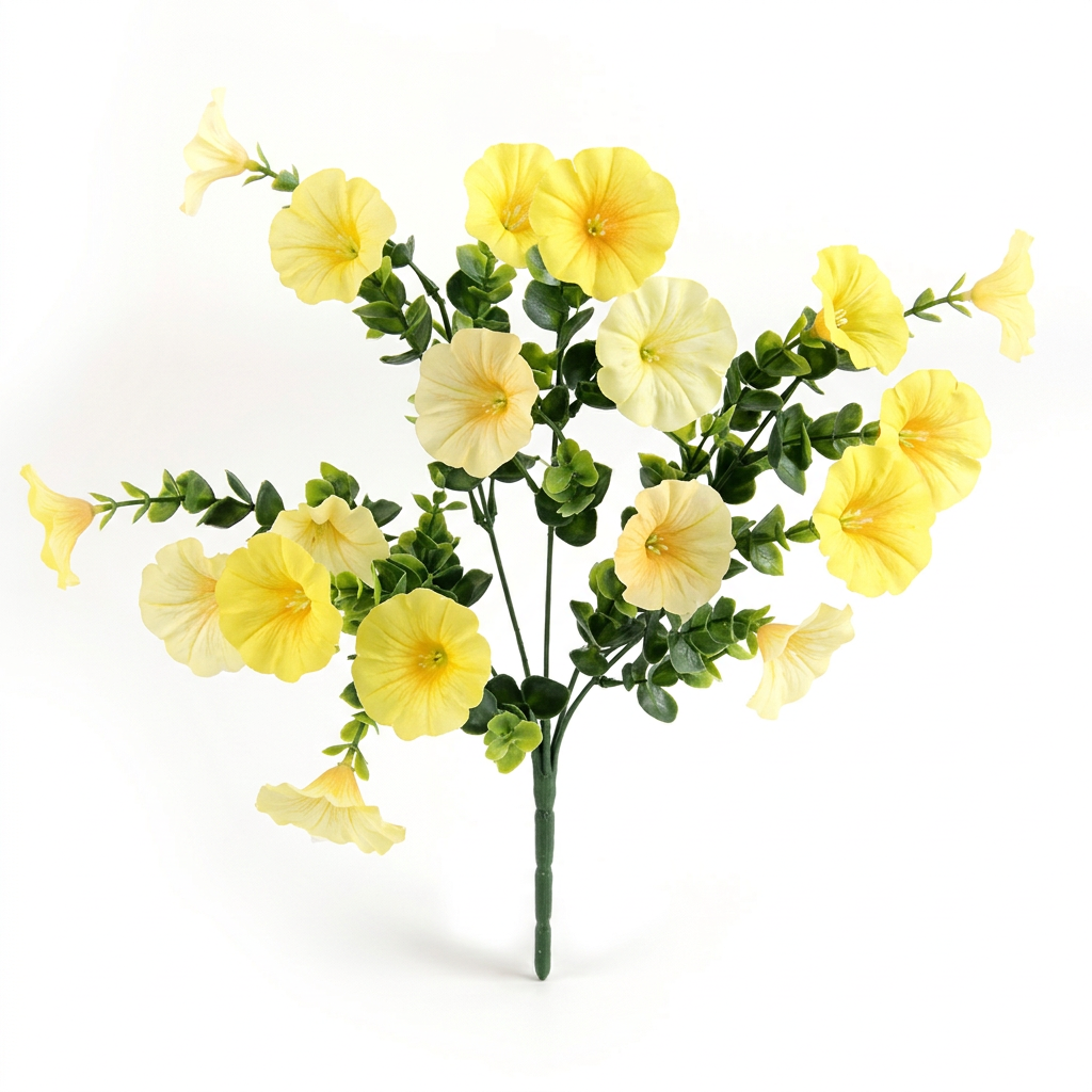 Yellow artificial petunia flower bush with green foliage