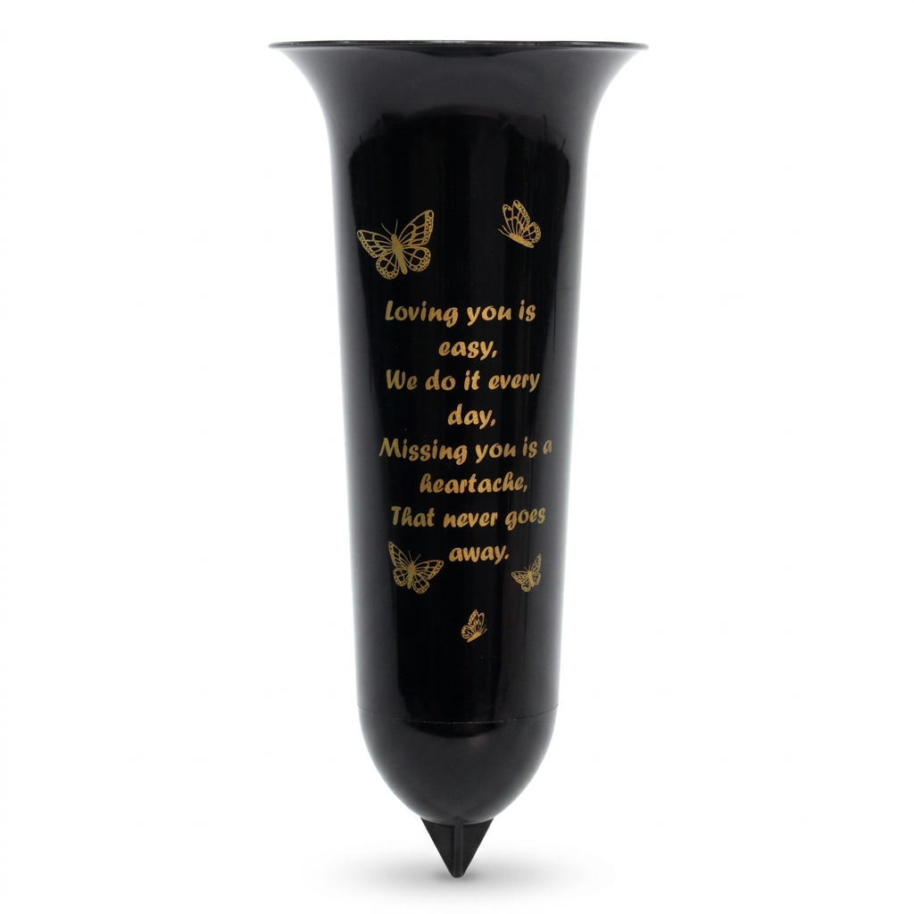 Black Memorial Grave Vase with Gold Butterfly Design & Remembrance Verse