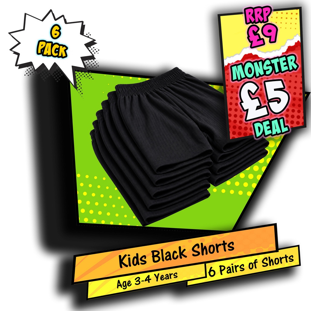 Kids Black Football Shorts 6 Pack Age 3-4 Years PE Sports