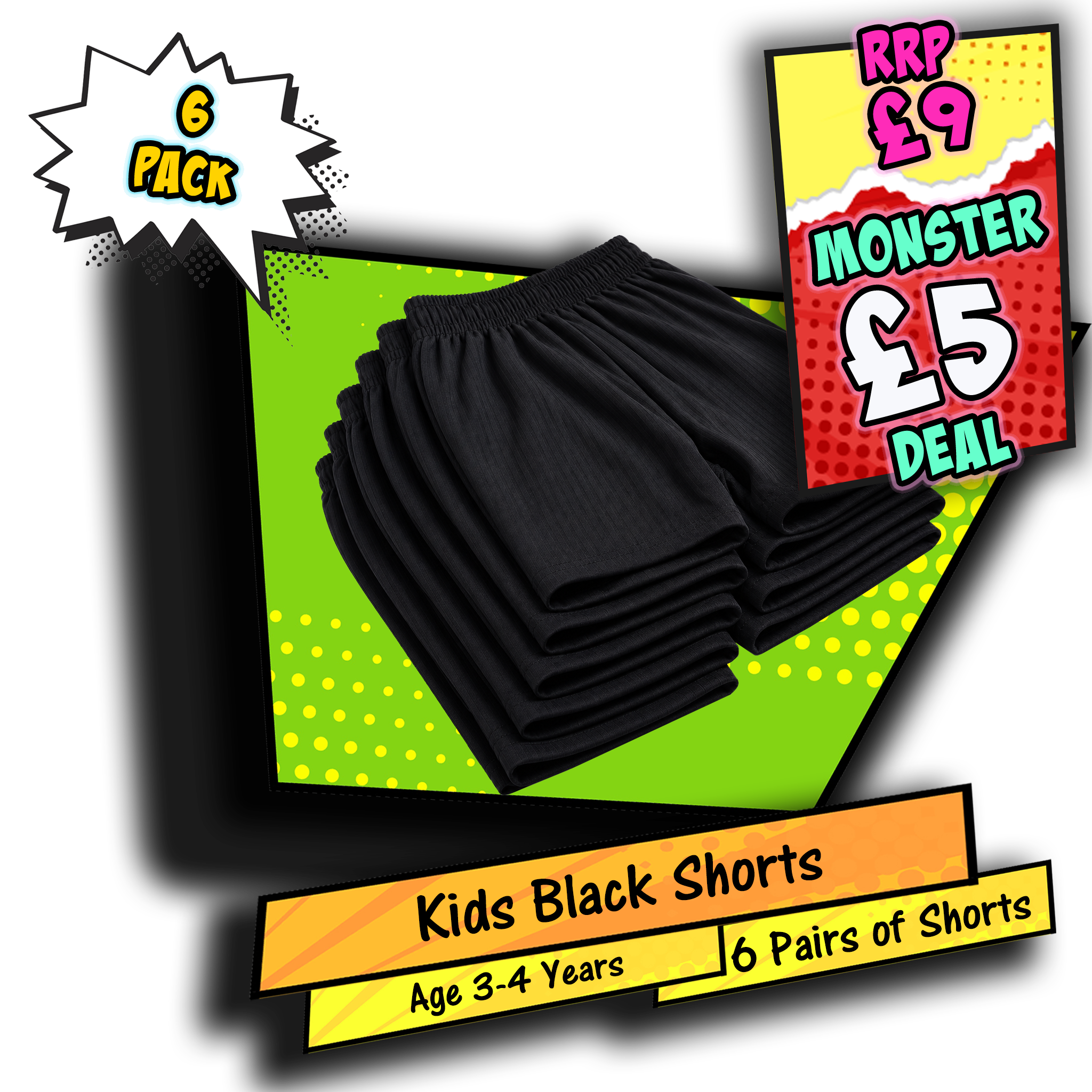 Kids Black Football Shorts 6 Pack Age 3-4 Years PE Sports