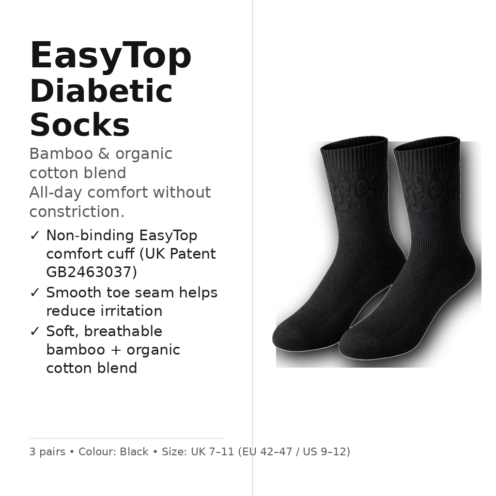 EasyTop Men’s Bamboo & Organic Cotton Diabetic Socks – Black (3 Pack, UK 7–11)