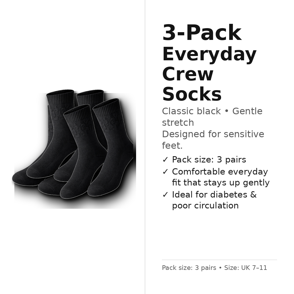 EasyTop Men’s Bamboo & Organic Cotton Diabetic Socks – Black (3 Pack, UK 7–11)