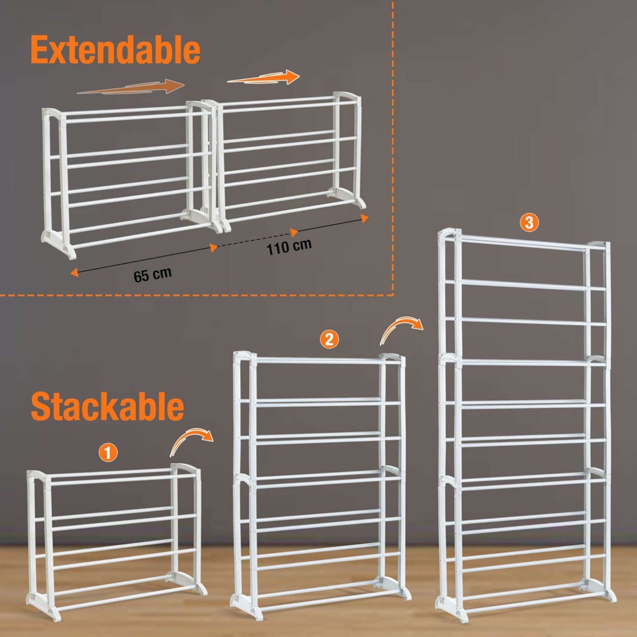 4 Tier Shoe Rack Stackable Extendable White Metal Shoe Storage