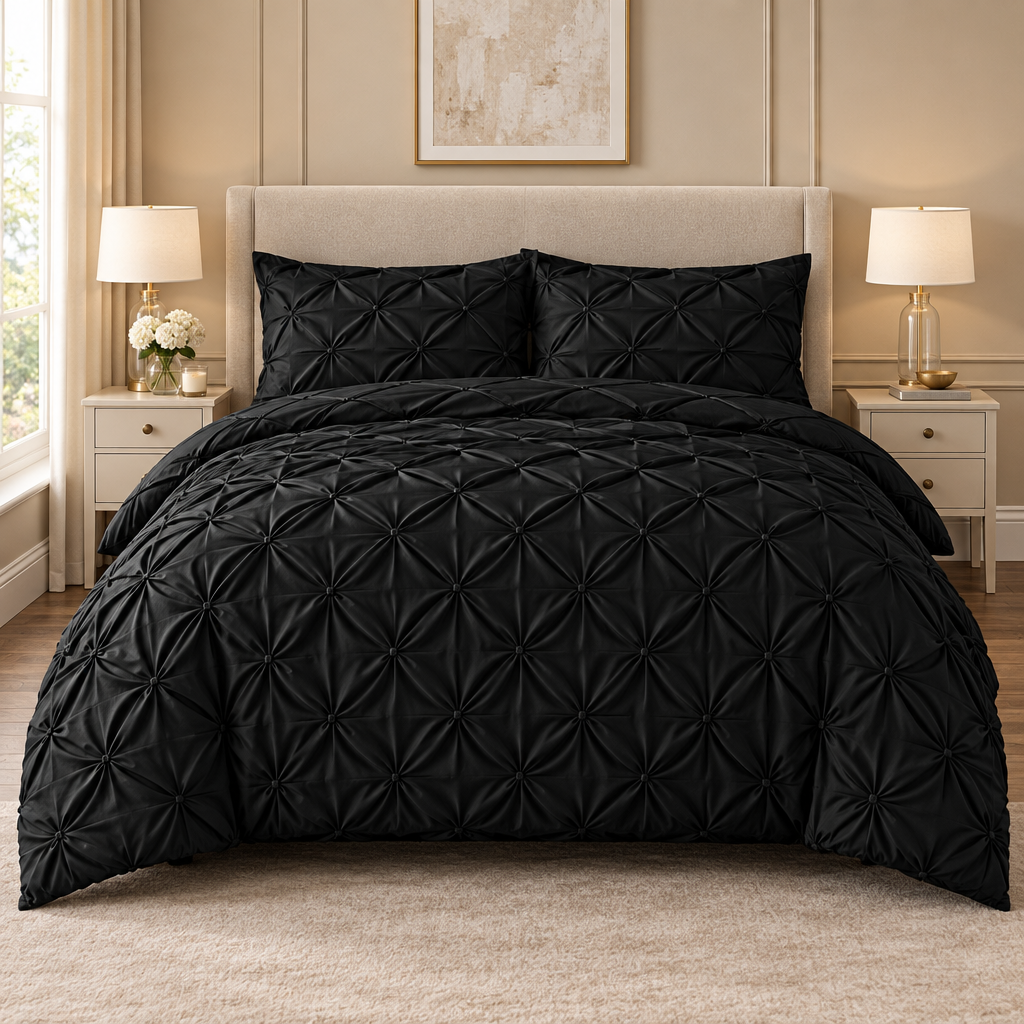 Double Pintuck 4 Piece Complete Bedding Set Black