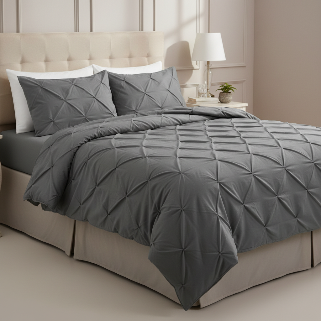 Pintuck Complete Bed Set Grey/Silver Double
