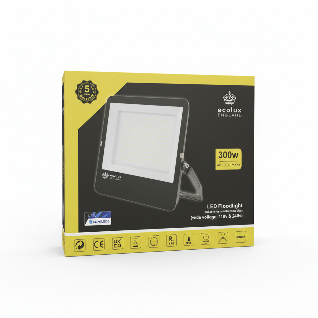 Ecolux 300W LED floodlight box showing 40,500 lumens, IP65 protection and 6500K daylight output