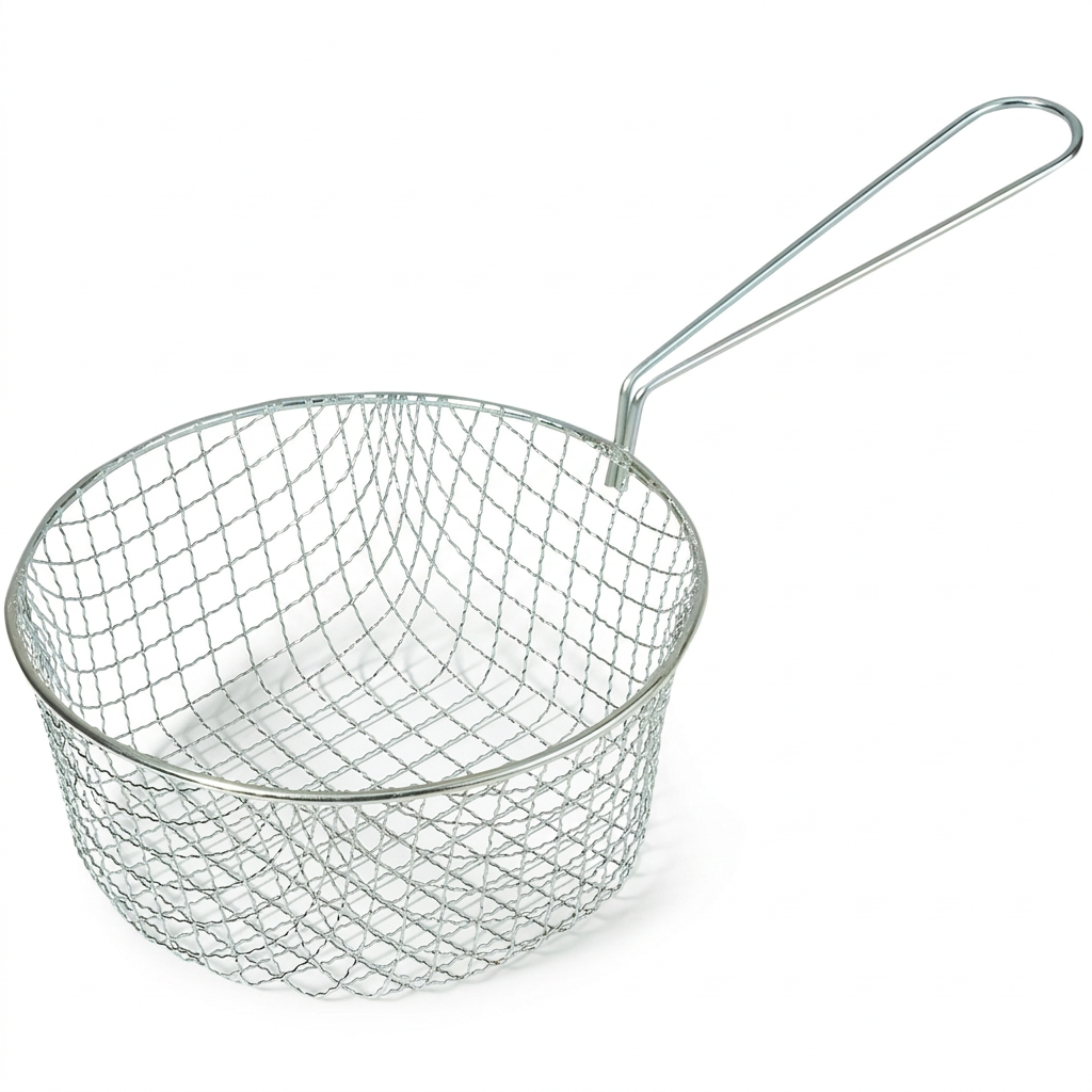 A galvanized steel wire deep fry basket with a long handle, shown on a plain white background.