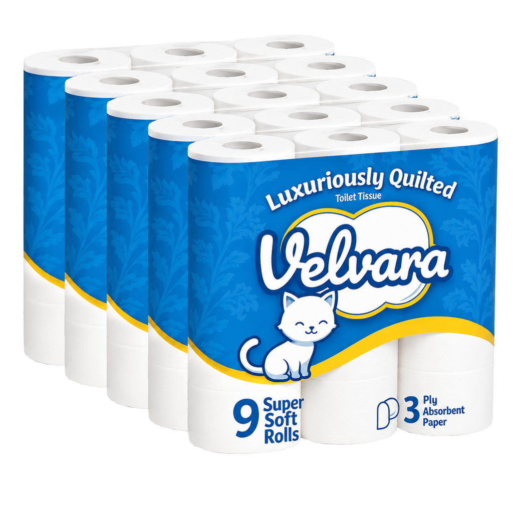 Velvara 3-Ply Luxuriously Quilted Super Soft Absorbent Toilet Rolls 45 Pack (5 x 9 Rolls)
