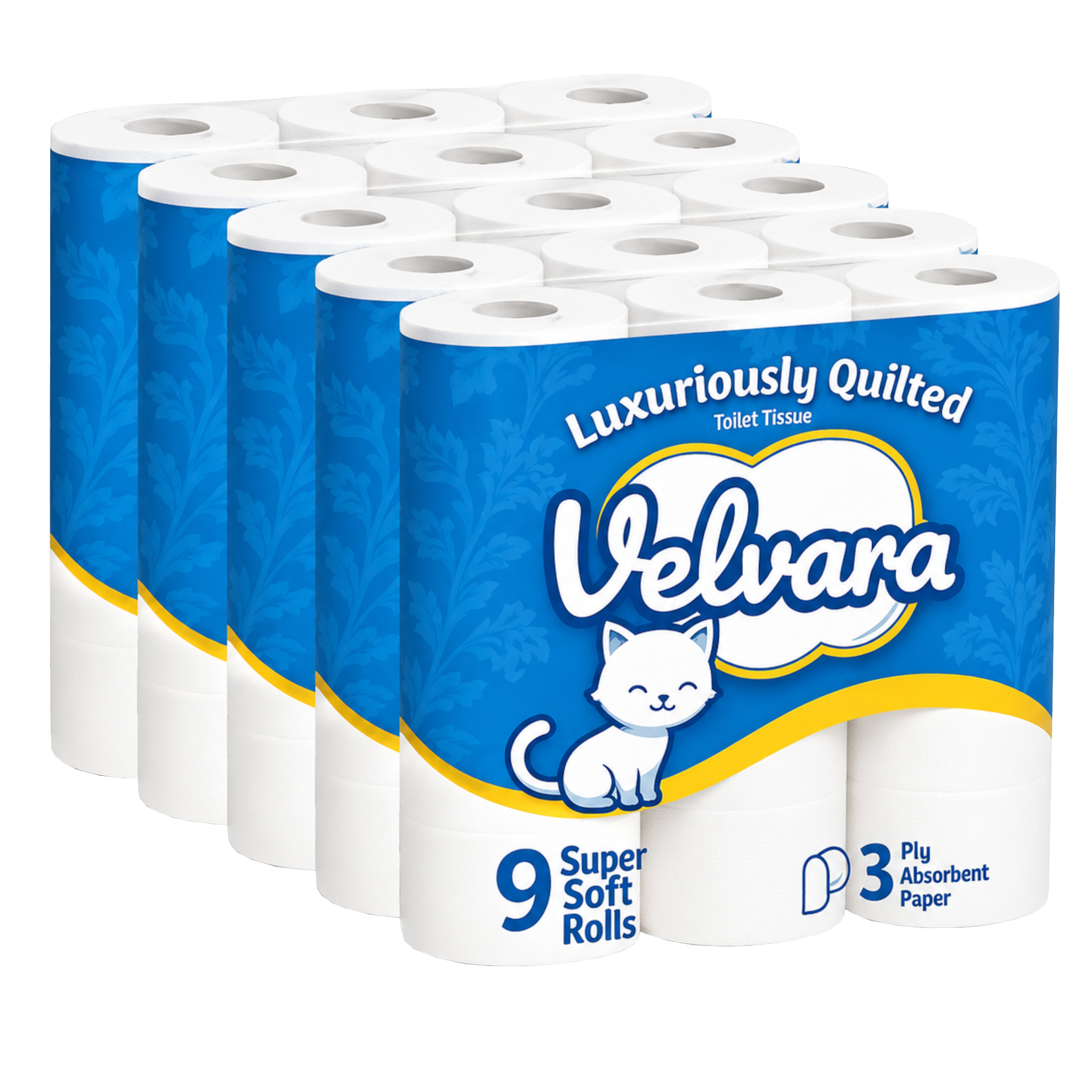 Velvara 3-Ply Luxuriously Quilted Super Soft Absorbent Toilet Rolls 45 Pack (5 x 9 Rolls)