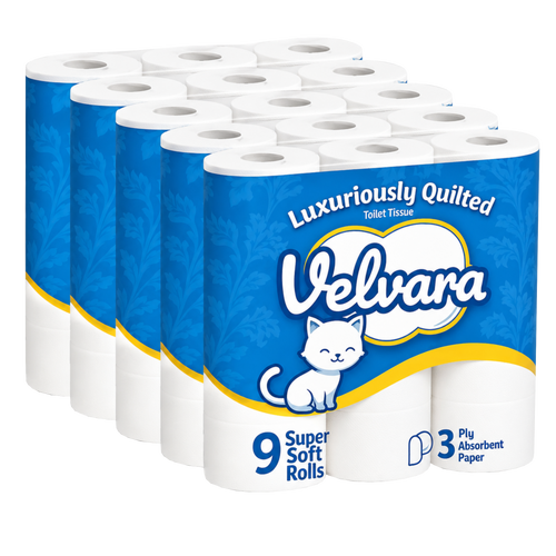 Velvara 3-Ply Luxuriously Quilted Super Soft Absorbent Toilet Rolls 45 Pack (5 x 9 Rolls)