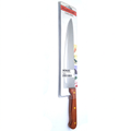 A chef's knife in its original retail packaging, featuring a silver stainless steel blade and a brown wooden handle with brass rivets, branded with 'Makercut' at the top.
