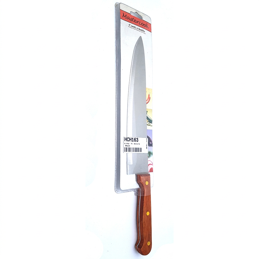 A chef's knife in its original retail packaging, featuring a silver stainless steel blade and a brown wooden handle with brass rivets, branded with 'Makercut' at the top.