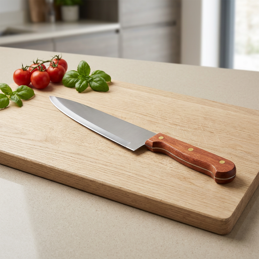 A chef's knife with a silver blade and reddish-brown wooden handle resting on a light oak cutting board, styled with fresh tomatoes and basil in a bright kitchen setting.