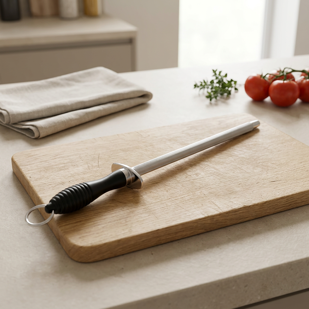 A sharpening steel with a black textured handle and metal rod rests on a wooden cutting board on a kitchen counter, with a folded cloth, herbs, and tomatoes in the background.