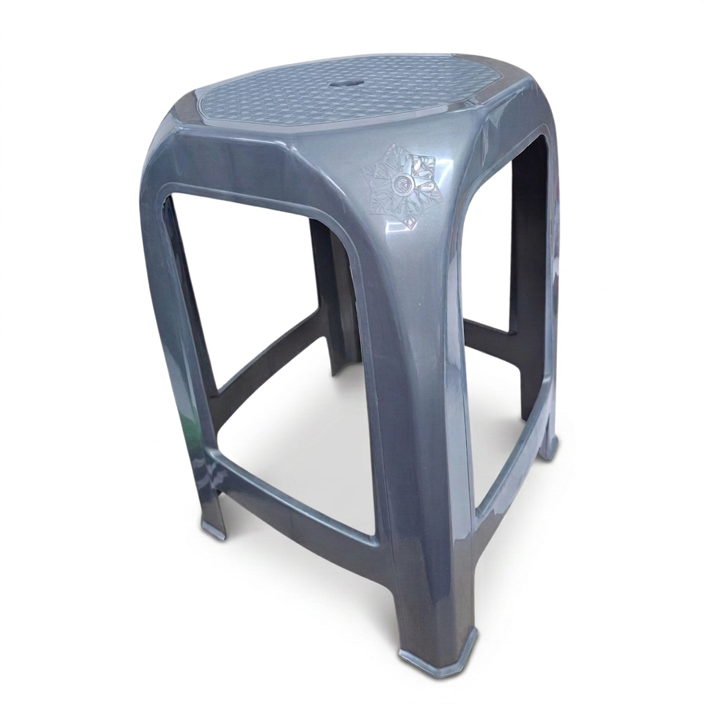 Upright grey stool on a white studio background