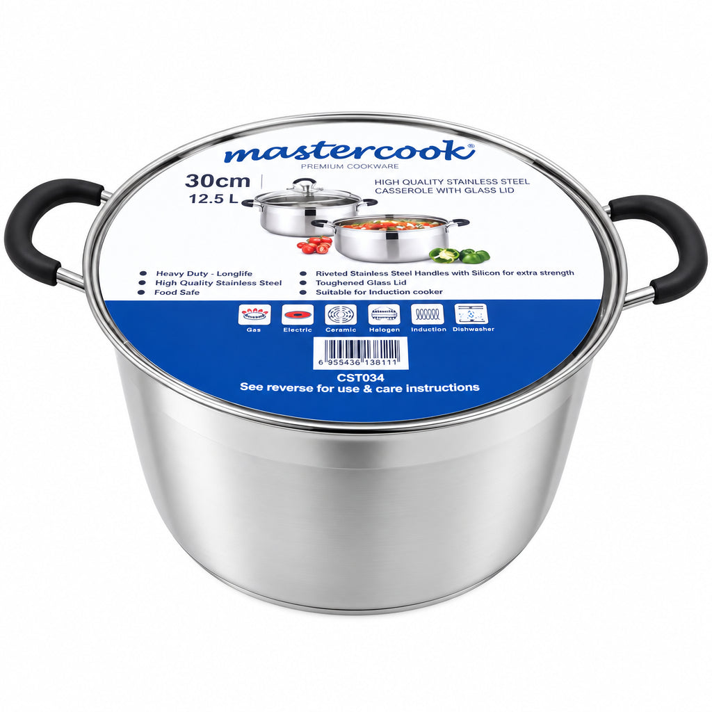 Mastercook 30cm Stainless Steel Casserole Pot with Glass Lid