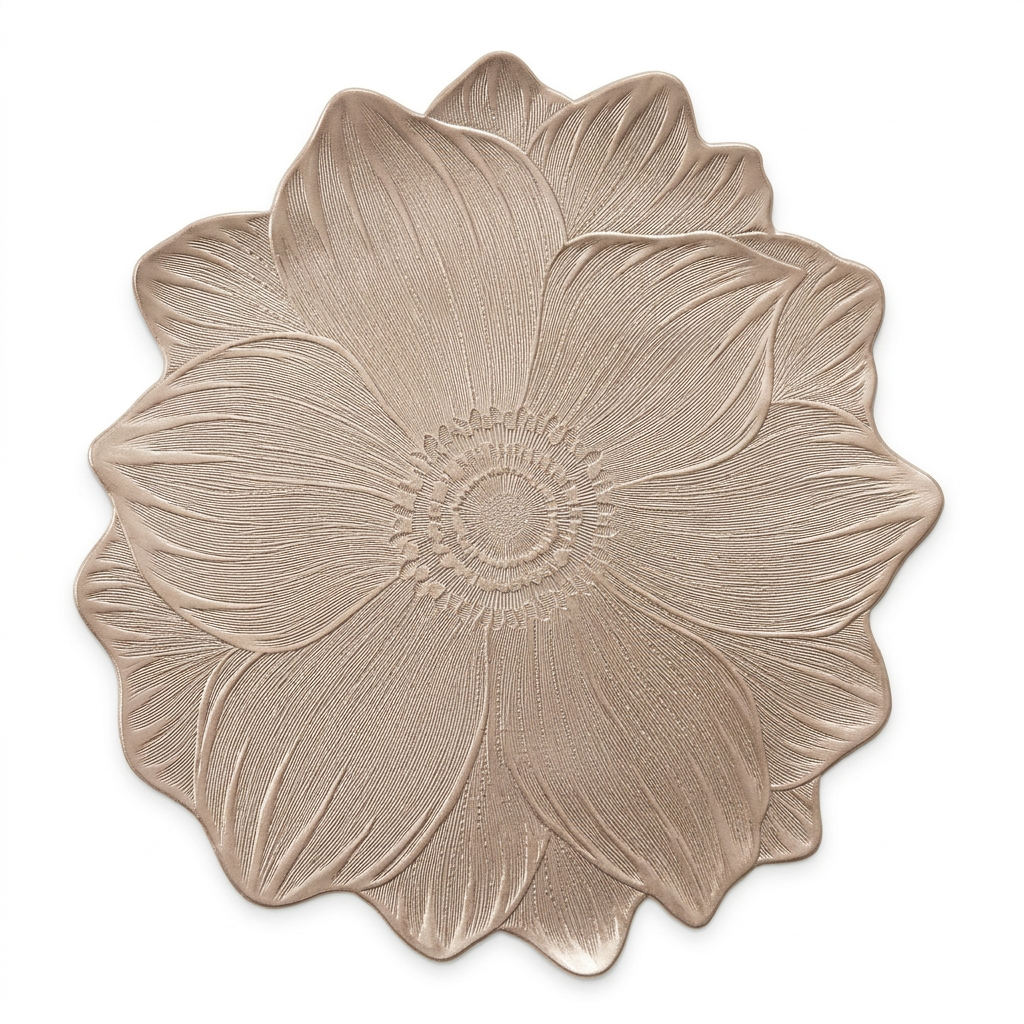A round, flower-shaped decorative plate or tray with embossed petal details, shown from a top-down view on a plain white background.