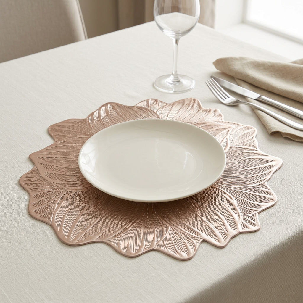 A rose gold metallic leaf-shaped placemat on a beige tablecloth, styled with a white ceramic plate, a wine glass, and silver cutlery.