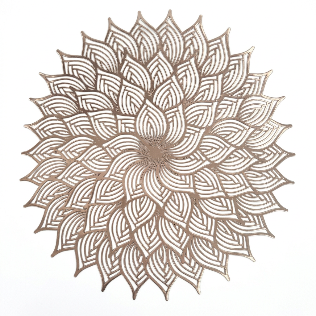 A circular, mandala-style decorative wall piece with an intricate layered petal or leaf pattern, shown against a plain white background.
