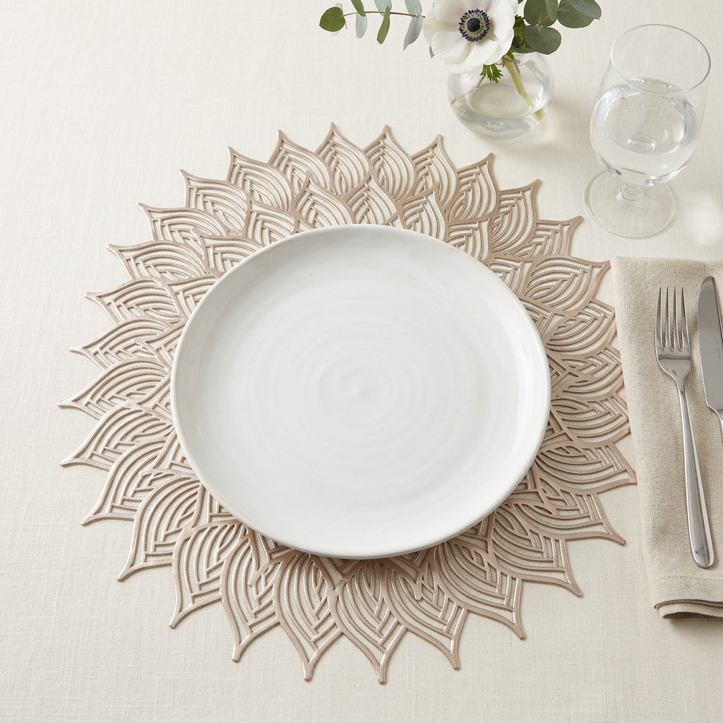 A place setting featuring a round white ceramic plate centered on a beige sunburst-patterned placemat, with a folded beige napkin, silver fork, knife, and a small glass vase with white flowers on a light beige tablecloth.