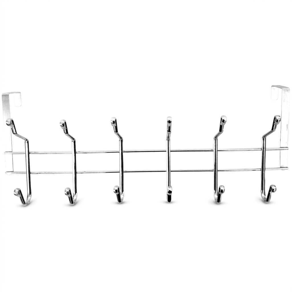 A silver metal wall hook rack with six evenly spaced hooks and two vertical mounting brackets on either end, shown against a plain white background.