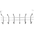 A silver metal wall hook rack with six evenly spaced hooks and two vertical mounting brackets on either end, shown against a plain white background.