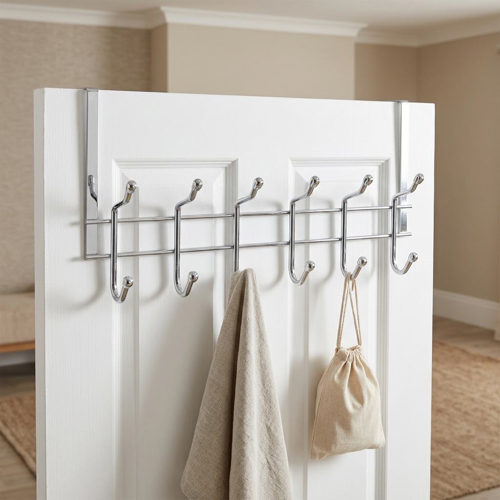 Chrome Over Door Hook Rack with 6 Double Hooks