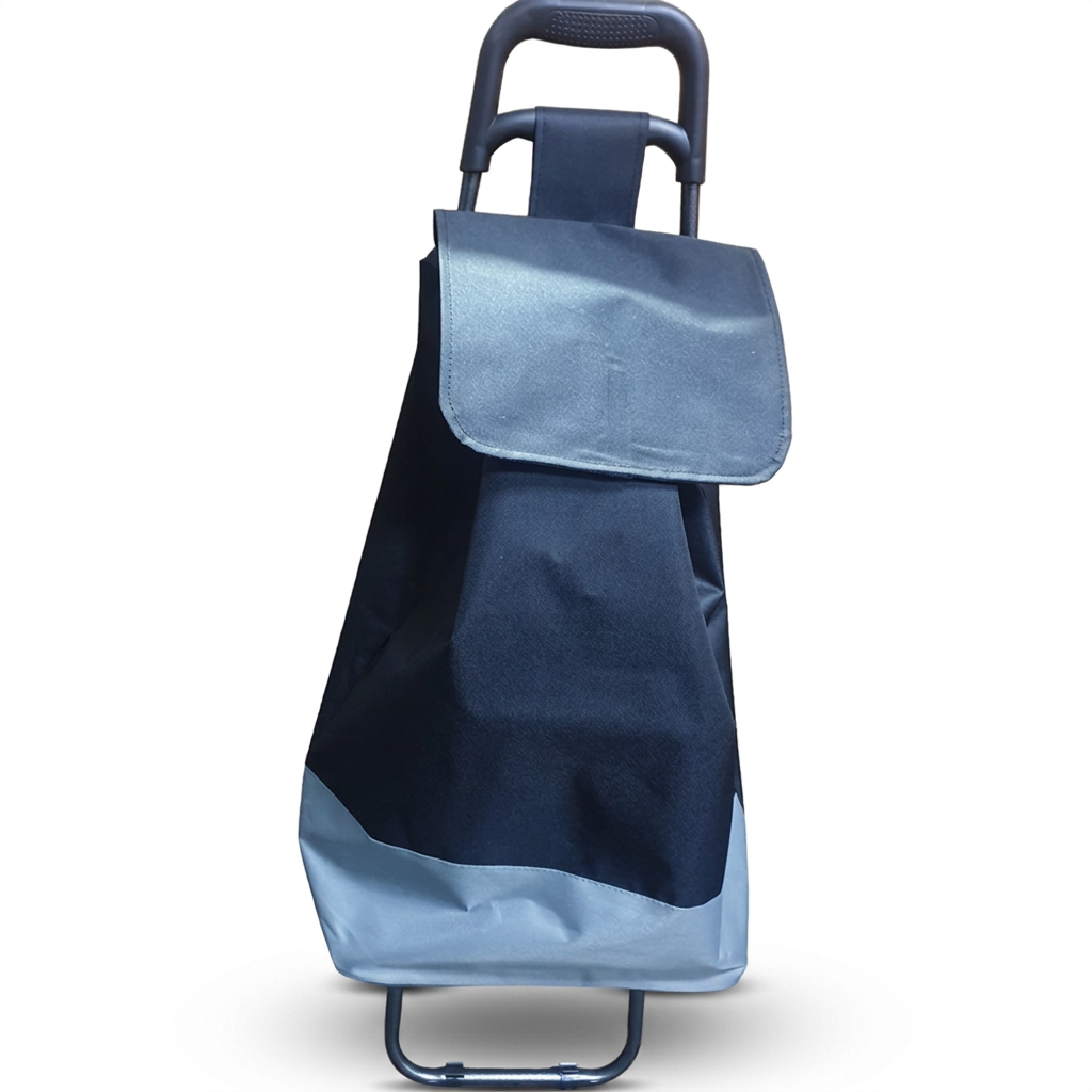 A collapsible shopping cart bag with a dark navy blue body, a light blue top flap, and a dark blue handle, shown on a plain white background.