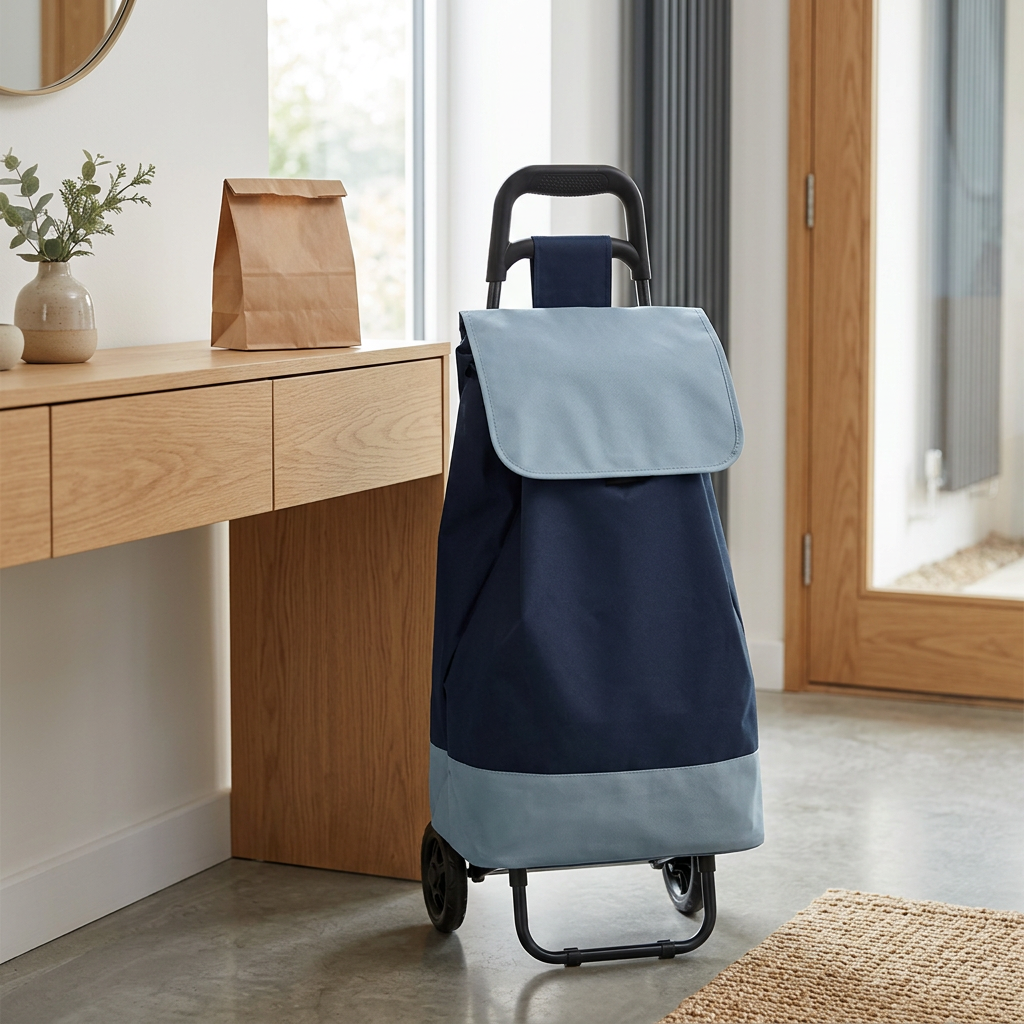 A navy and light blue rolling shopping bag with a black handle and wheels, placed on a concrete floor next to a wooden console table in a bright indoor setting.