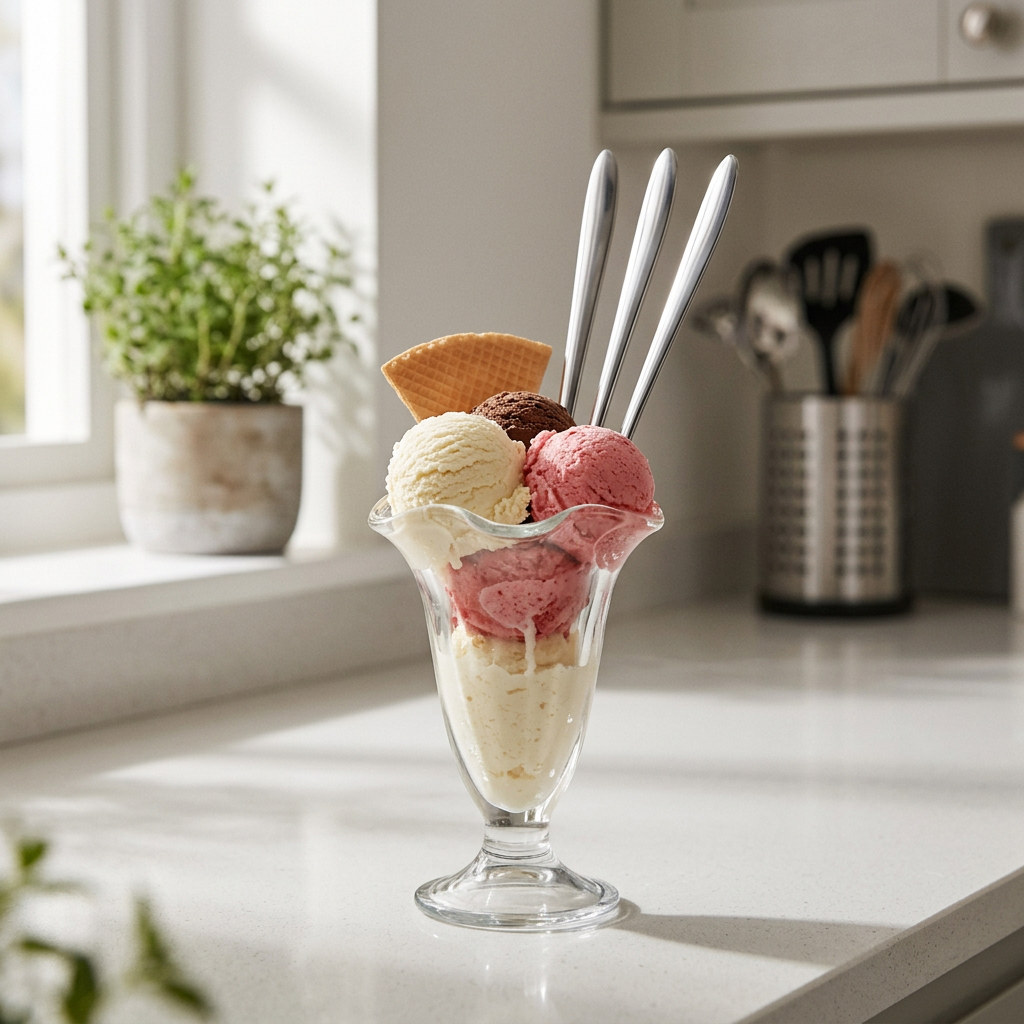 A clear glass sundae dish with three metal spoons, filled with scoops of vanilla, strawberry, and chocolate ice cream, topped with a waffle chip, set on a kitchen counter.