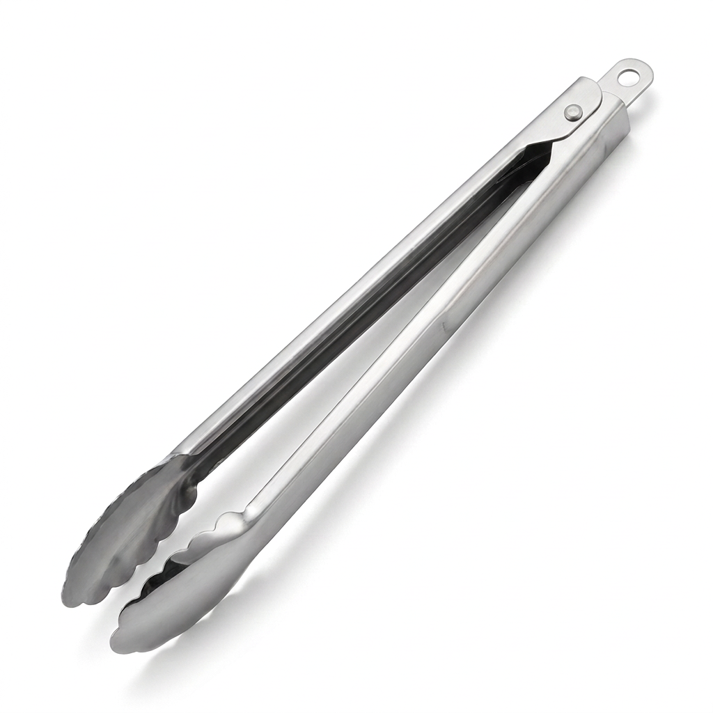 A pair of stainless steel kitchen tongs with a hanging loop at the end, shown on a clean white background.