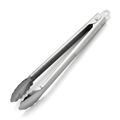A pair of stainless steel kitchen tongs with a hanging loop at the end, shown on a clean white background.