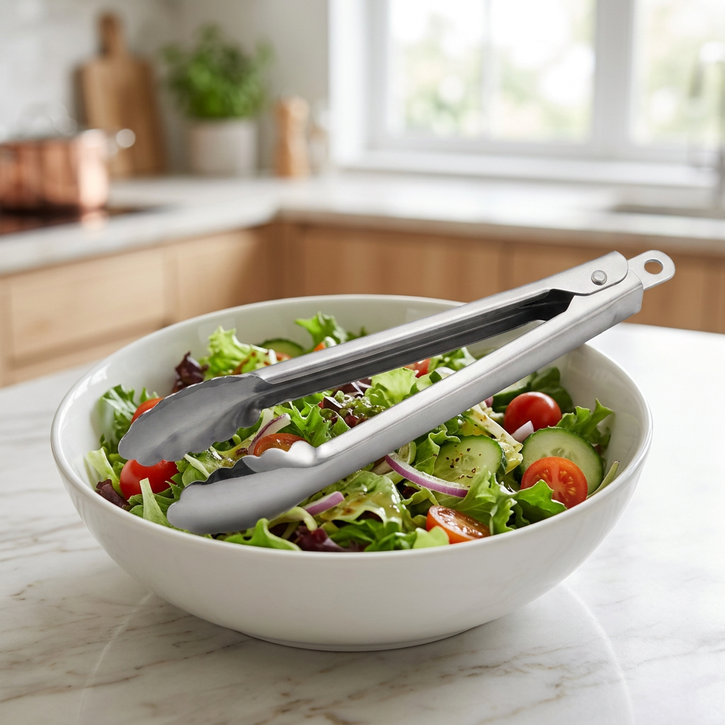 A pair of stainless steel salad tongs resting on a white bowl filled with a fresh green salad, set on a light marble countertop in a bright kitchen.