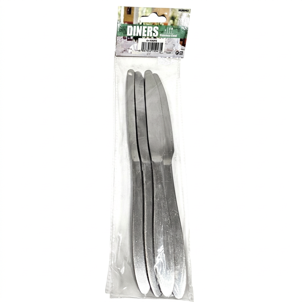 Four stainless steel dinner knives in a clear plastic blister pack with a printed header card.