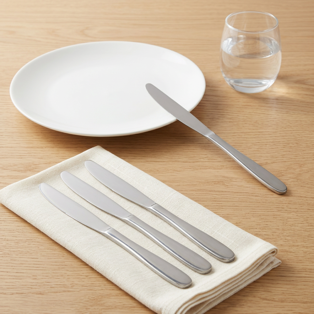 Four stainless steel dinner knives arranged on a folded cream napkin beside a white plate and a clear glass of water on a light wood tabletop.