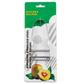 A stainless steel kitchen peeler and slicer set in its original green and white retail blister packaging, featuring illustrations of a peach and a kiwi.