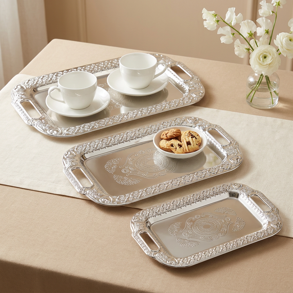Three silver rectangular serving trays with ornate embossed floral borders are arranged on a beige tablecloth. The top tray holds a white teacup and saucer, the middle tray holds a small bowl of cookies, and the bottom tray is empty.
