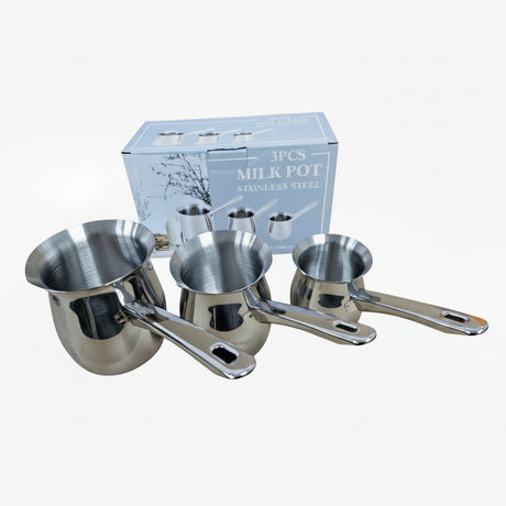 Stainless Steel Milk Pot 3pc Set Handle 200/400/600ml