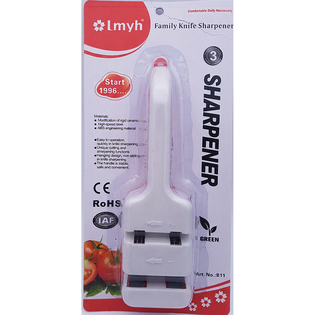 Lmyh Family Knife Sharpener in a white plastic handle with black sharpening wheels, packaged in a clear blister pack with a red and white cardboard backing.