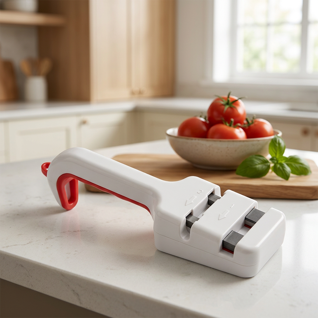 A chef's knife with a silver blade and reddish-brown wooden handle resting on a light oak cutting board, styled with fresh tomatoes and basil in a bright kitchen setting.