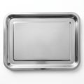 A rectangular stainless steel serving tray with raised rim and rounded corners, shown from a top-down perspective on a clean white background.
