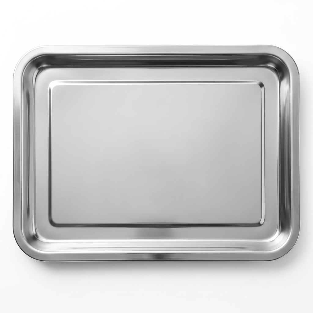A rectangular stainless steel serving tray with raised rim and rounded corners, shown from a top-down perspective on a clean white background.