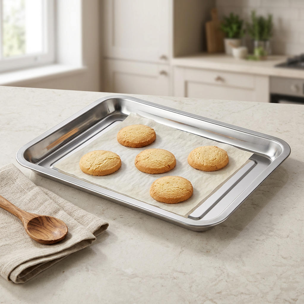 A rectangular stainless steel baking sheet with raised edges, shown on a light stone countertop with five golden cookies on parchment paper. A folded beige cloth and a wooden spoon sit nearby, with a softly blurred kitchen background.