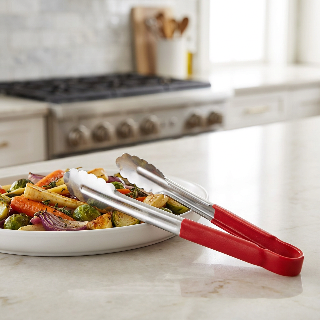 Red-handled metal kitchen tongs resting on a white plate of cooked vegetables on a light marble countertop, with a blurred kitchen background.